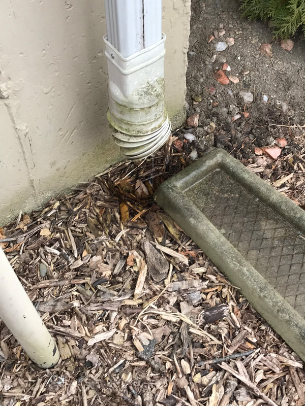 A downspout draining at the corner of a foundation observed by Dairyland Home Inspection in Racine, Wisconsin.