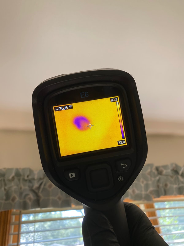 Thermal imager finding a leak at the ceiling during a home inspection by Dairyland Home Inspection in Racine, Wisconsin.