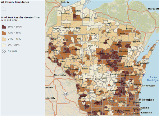 Map showing radon Level by county in Wisconsin
